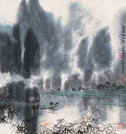 徐希 清漓烟雨图 镜心